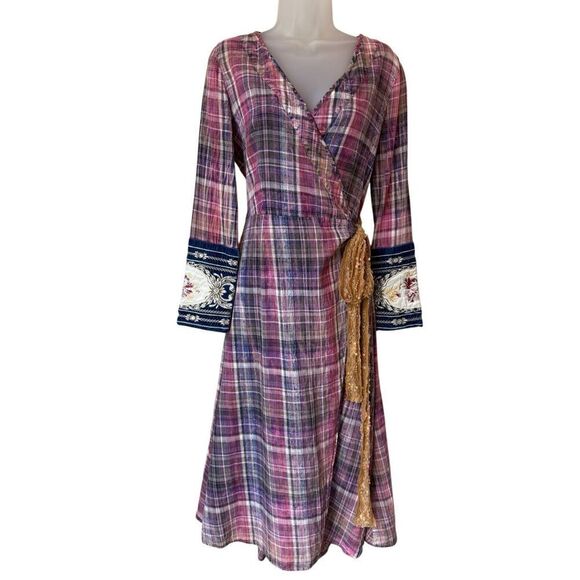 Aratta Silent Journey Boho Plaid Purple Pink Wrap Dress Size XS - Picture 5 of 12